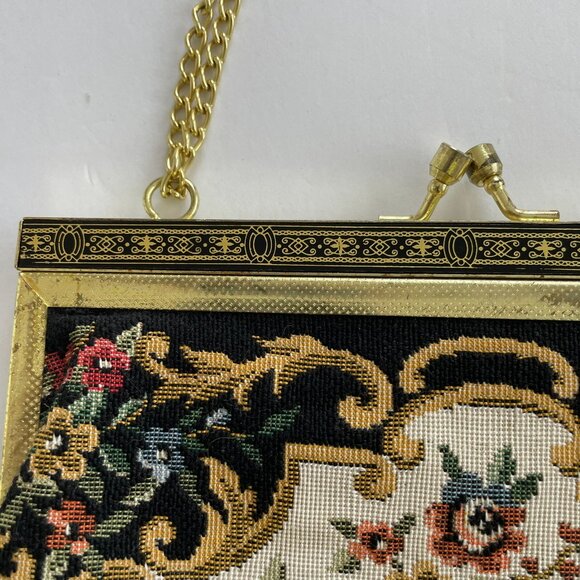 Vintage Needlepoint Bag with adjustable length chain Black with Floral Design - Picture 5 of 7
